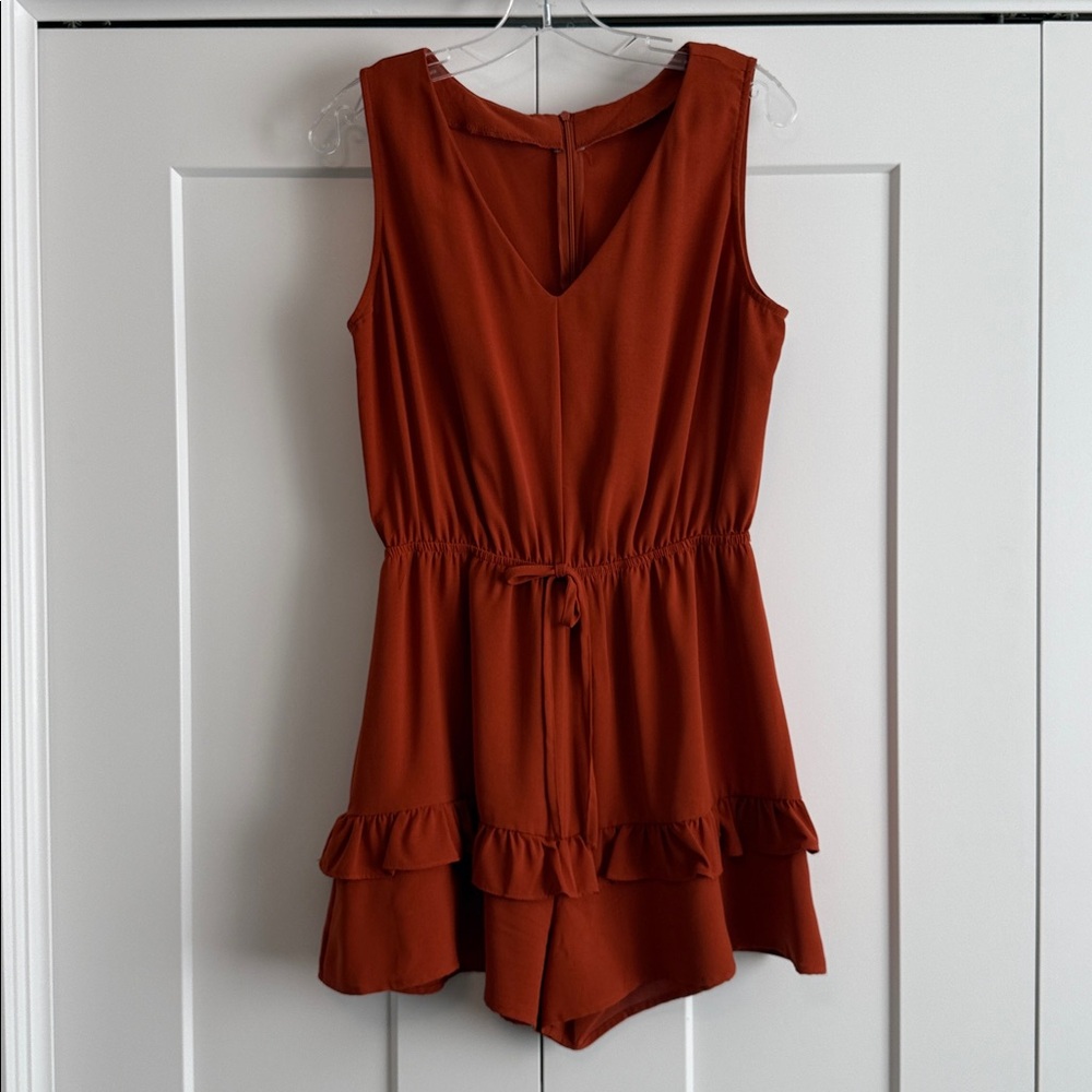 Rust Orange Sleeveless Ruffle Romper